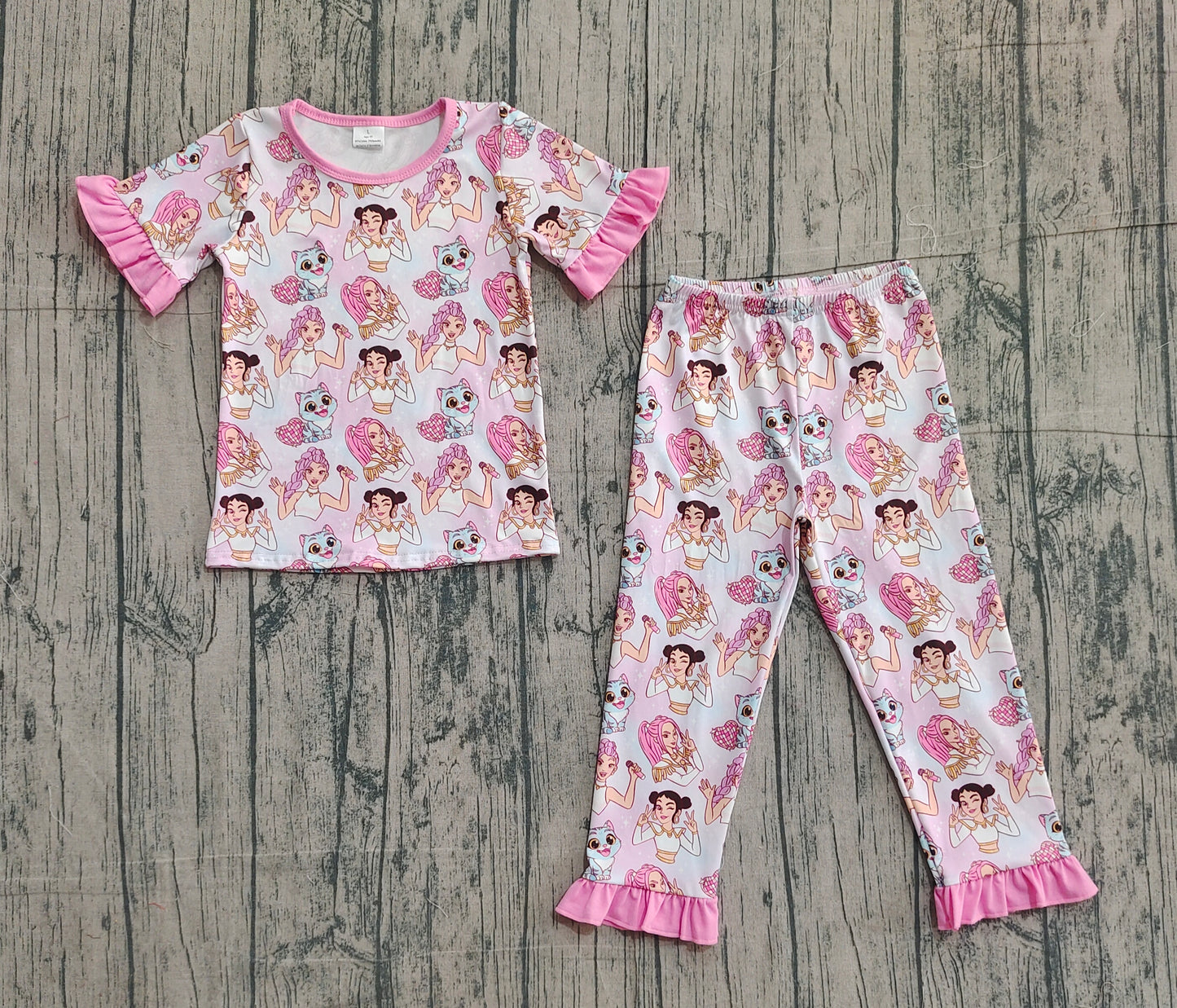 Baby Girls Cartoon Demon Hunters Top Ruffle Pants Pajamas Sets Preorder