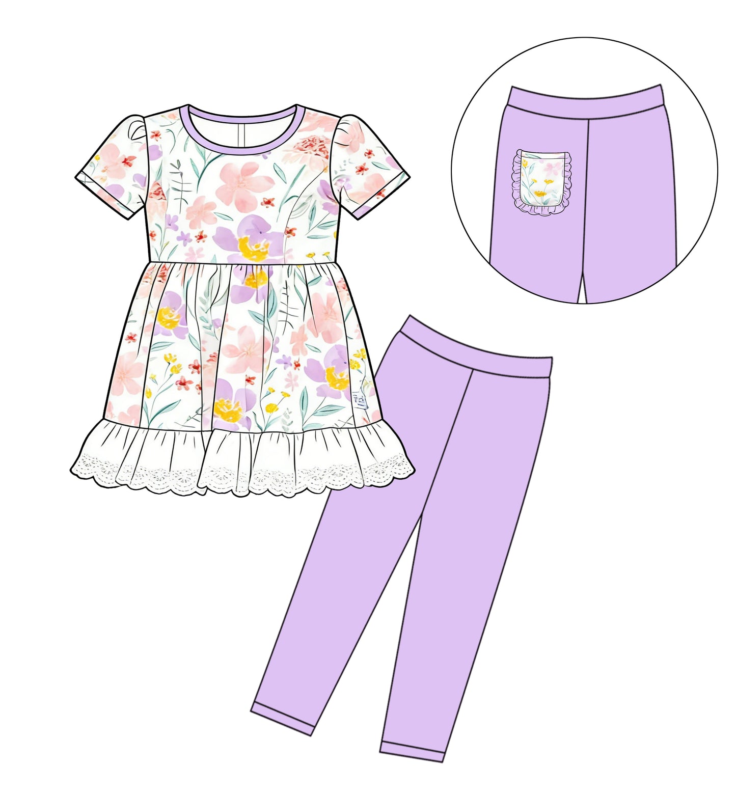 Baby Girls Colorful Floral Ruffle Tunic Legging Pants Clothes Set Preorder