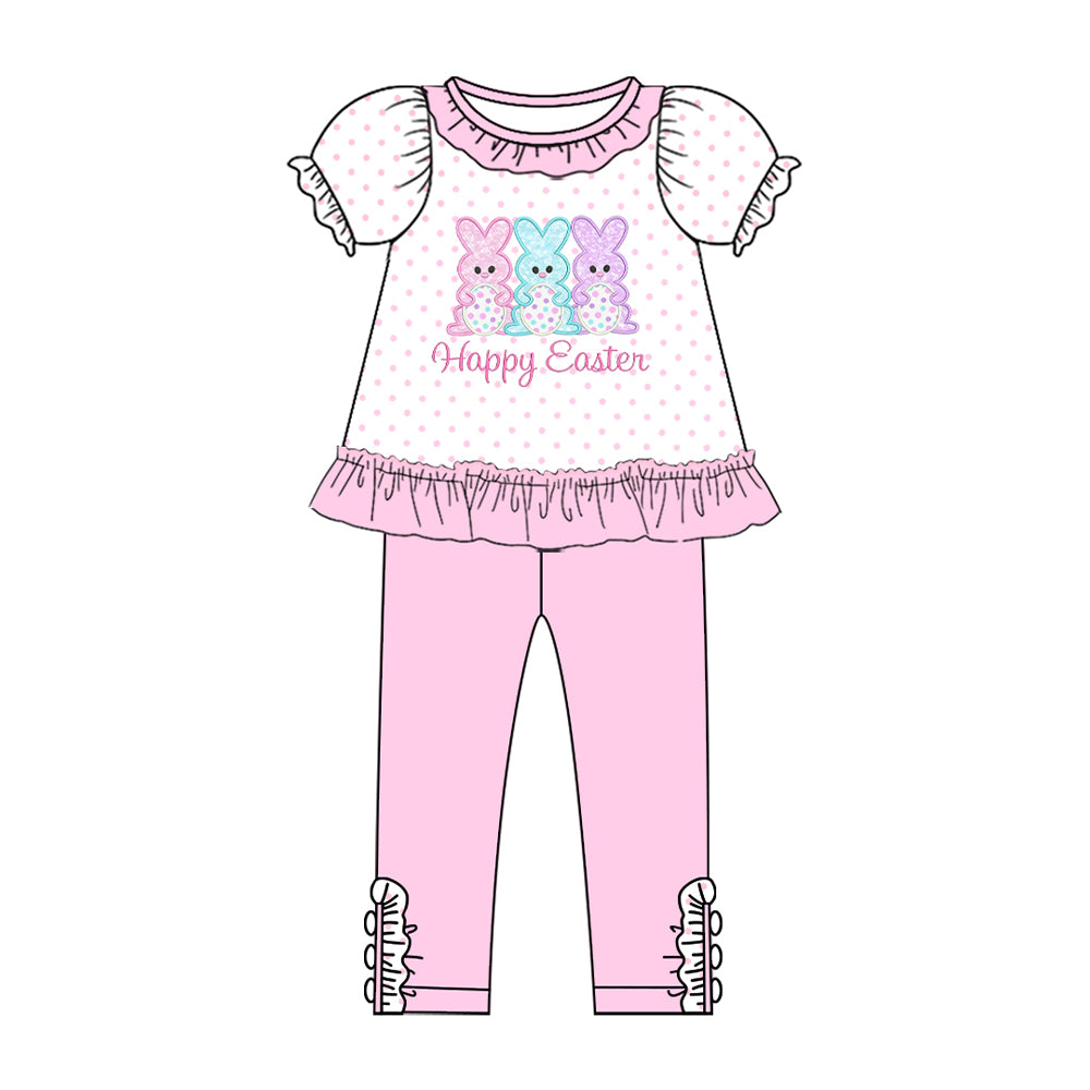 Baby Girls Pink Polka Dots Rabbit Eggs Happy Tunic Leggings Easter Clothes Sets Preorder