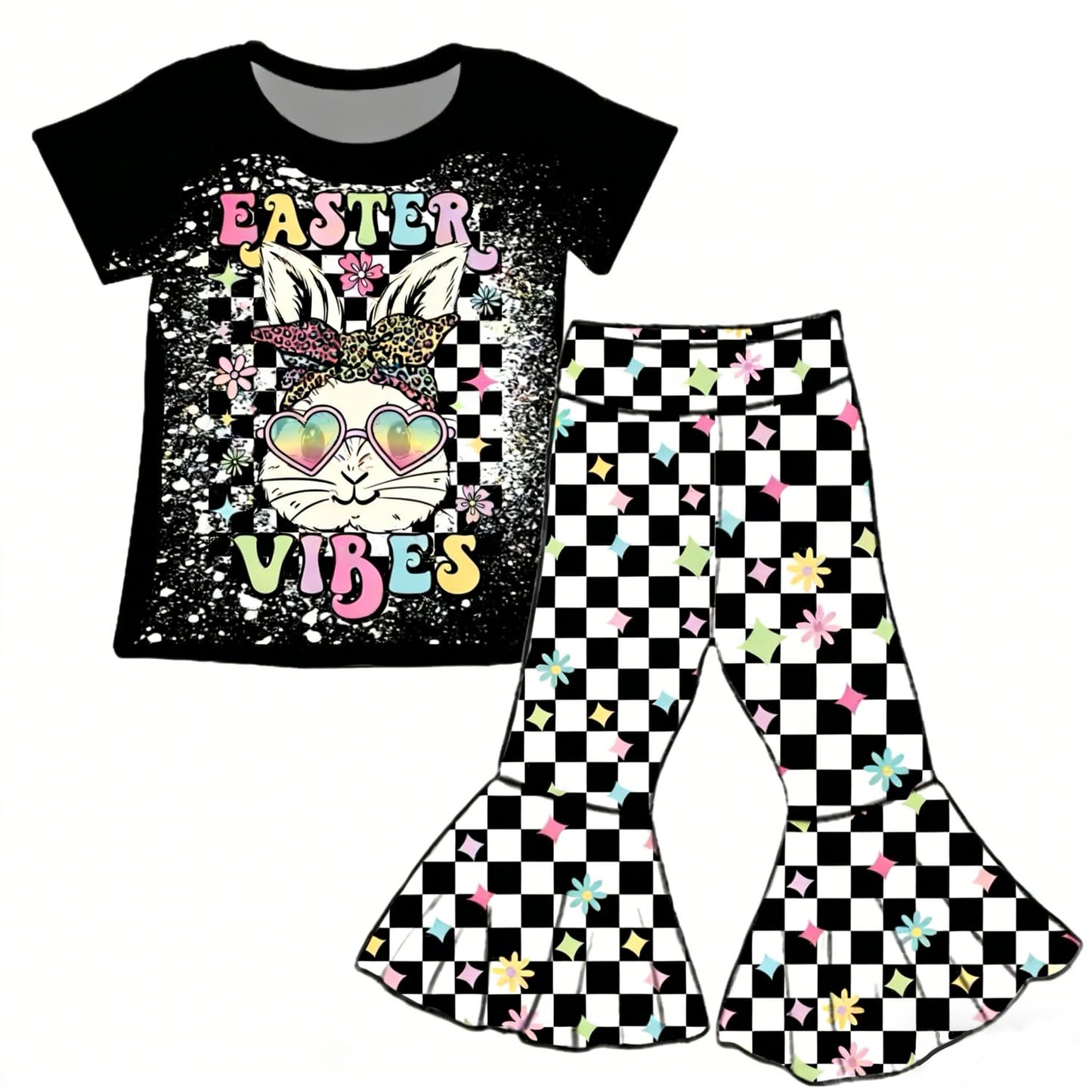 Baby Girls Flowers Rabbit Top Black Checked Bell Bottom Pants Easter Clothes Sets Preorder