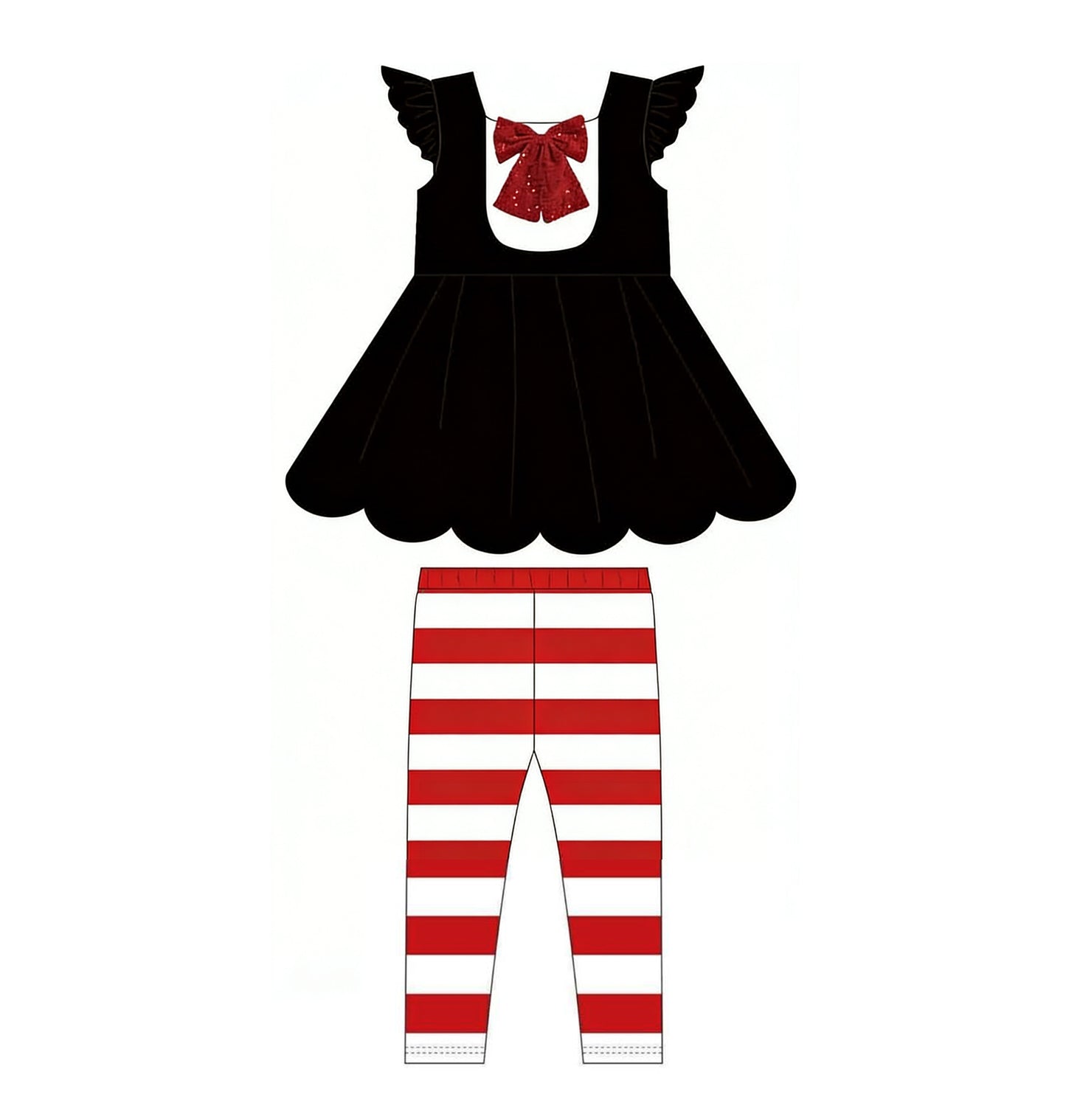 Baby Girls Black Flutter Sleeve Tunic Stripe Legging Pants Clothes Sets Preorder