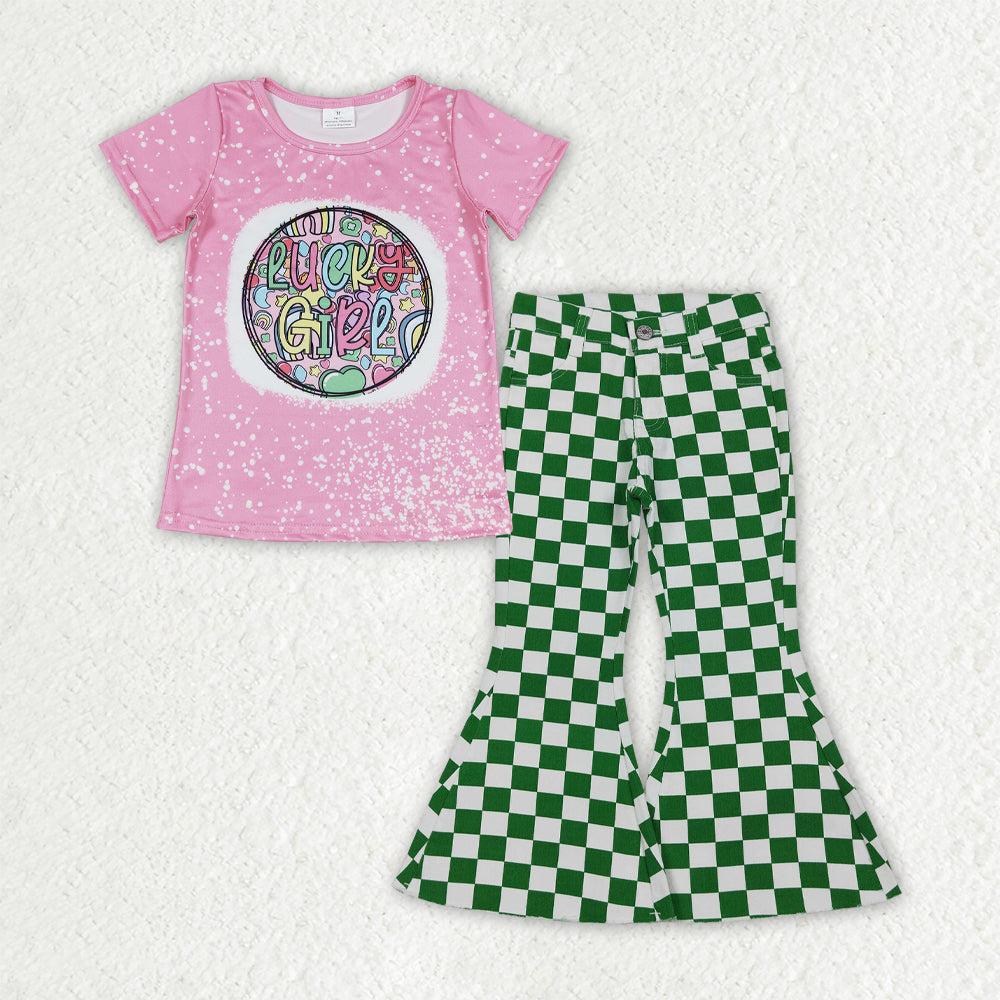Baby Lucky Girls Shirt Top Green Checked Denim Bell Bottom St Patrick Clothes Sets