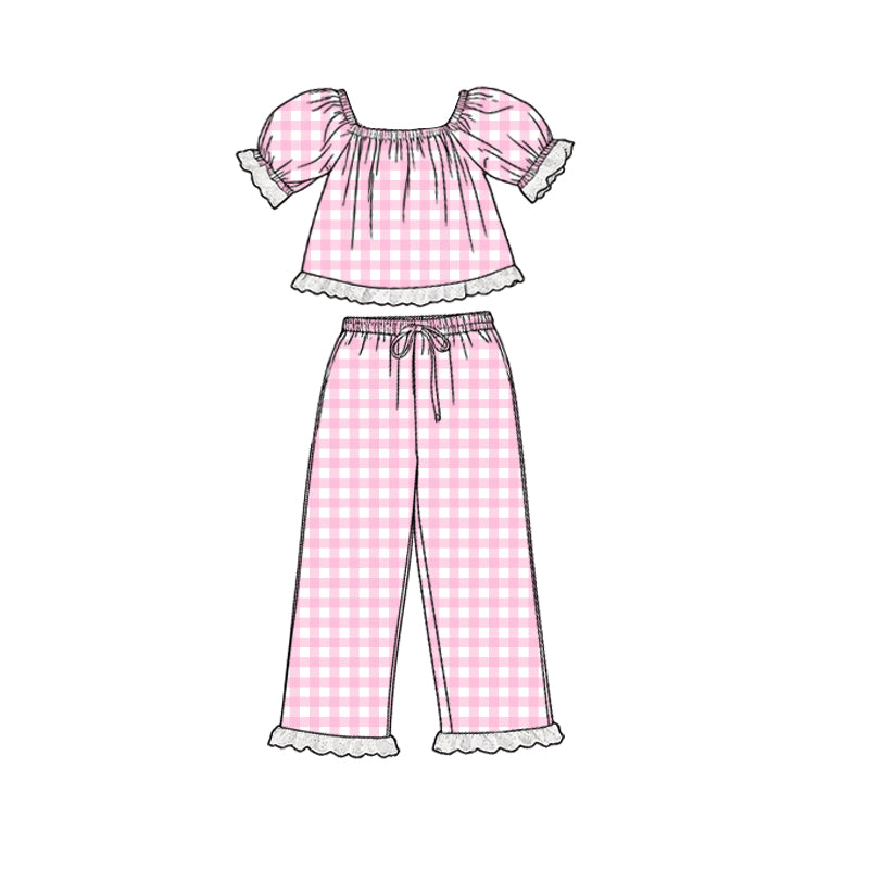 Baby Girls Short Sleeve Pink Checked Tunic Ruffle Pants Clothes Sets Preorder