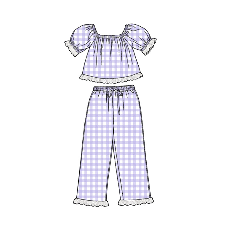 Baby Girls Short Sleeve Lavender Checked Tunic Ruffle Pants Clothes Sets Preorder