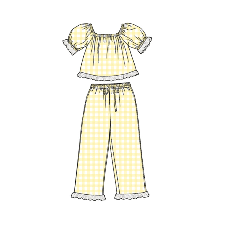 Baby Girls Short Sleeve Yellow Checked Tunic Ruffle Pants Clothes Sets Preorder