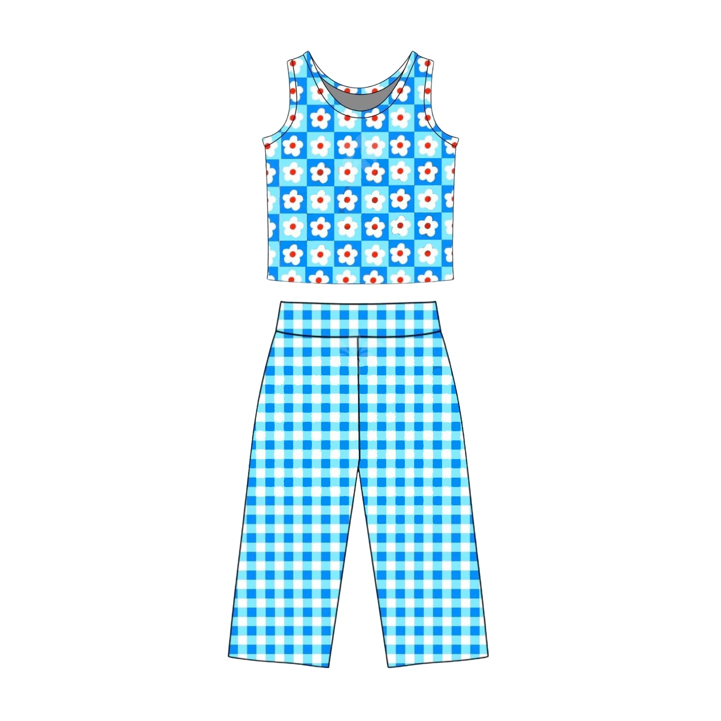Baby Girls Sleeveless Flowers Checked Top Flare Pants Clothes Sets Preorder