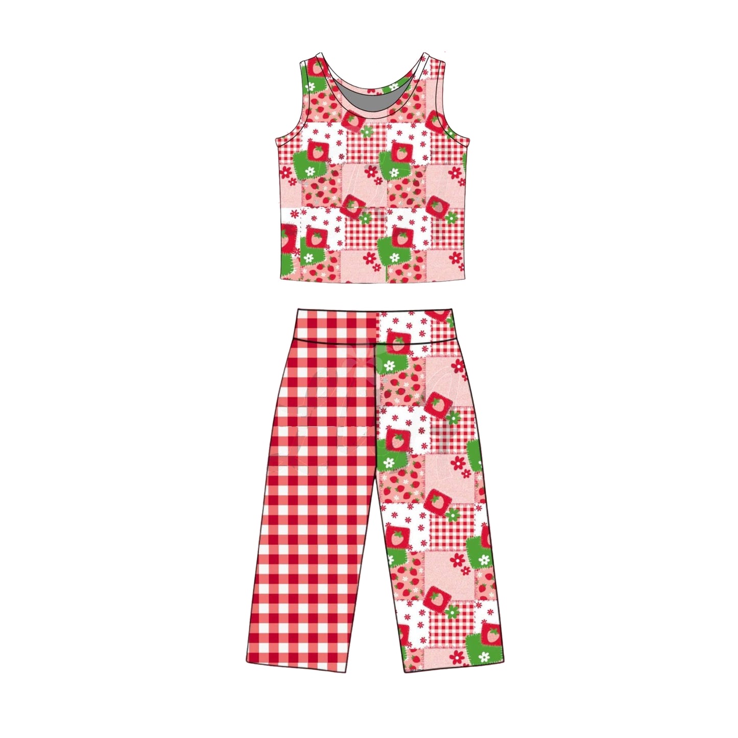 Baby Girls Sleeveless Strawberry Checked Top Flare Pants Clothes Sets Preorder