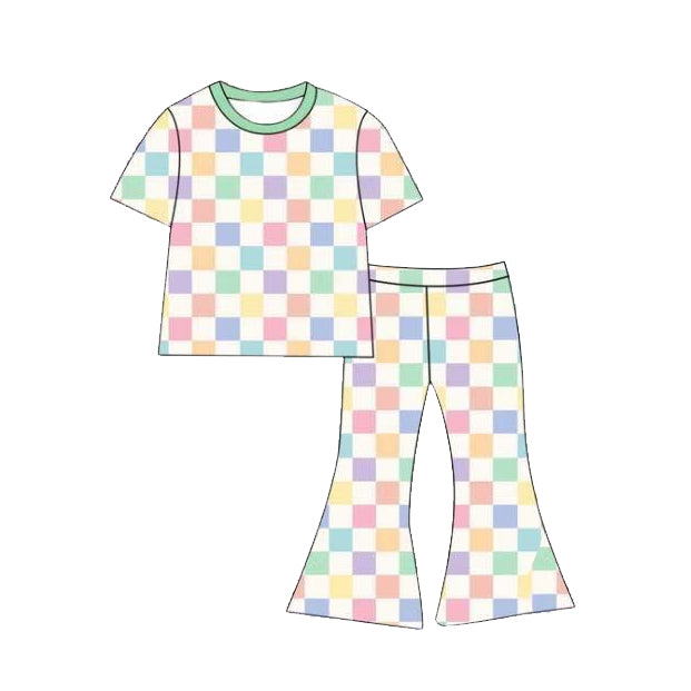 Baby Girls Colorful Checked Short Sleeve Top Bell Bottom Pants Clothes Set Preorder