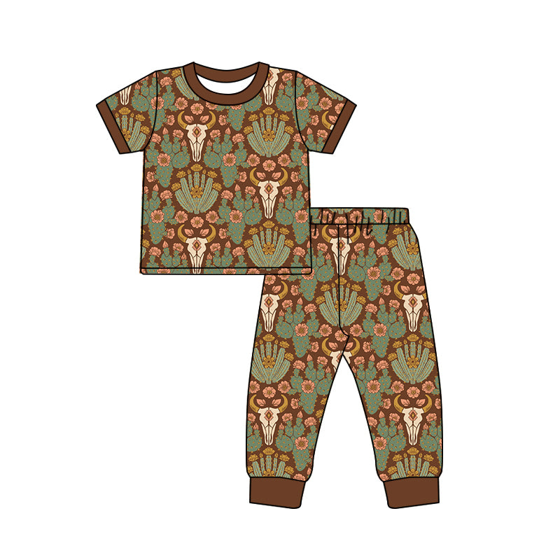 Baby Girls Short Sleeve Cactus Bull Skulls Top Pant Western Pajamas Sets Preorder