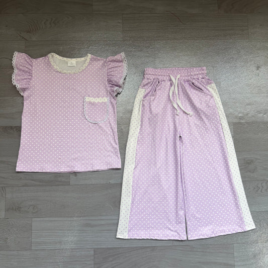 Baby Girls Purple Polka Dots Pocket Top Flare Pant Clothes Sets