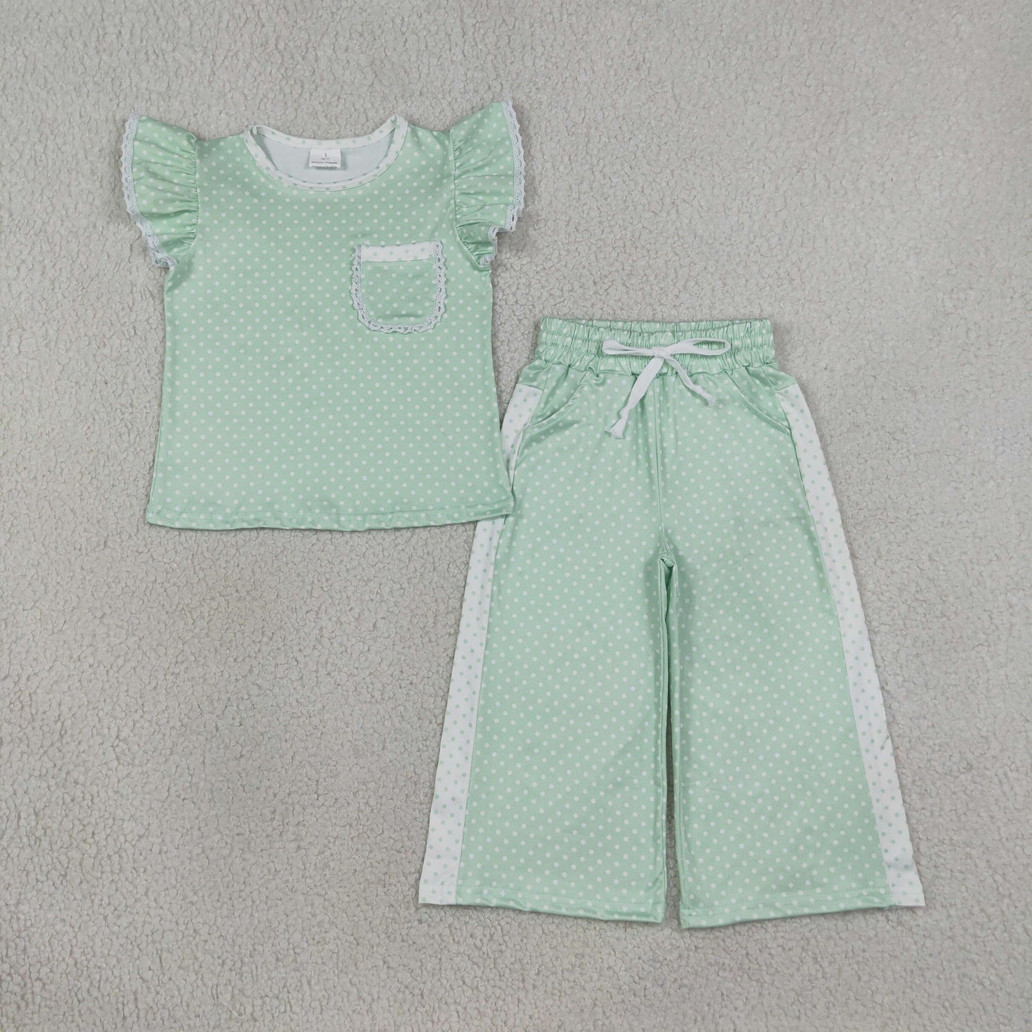 Sibling Baby Girls Flutter Sleeve Polka Dots Top Pockets Flare Pants Clothes Sets