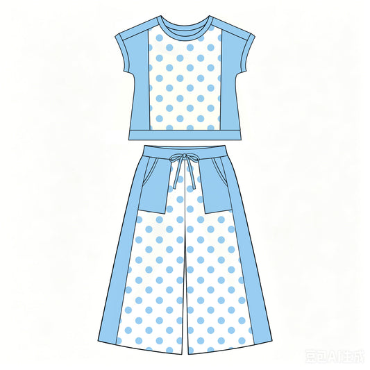 Baby Girls Blue Polka Dots Top Pockets Flare Pant Clothes Sets Preorder