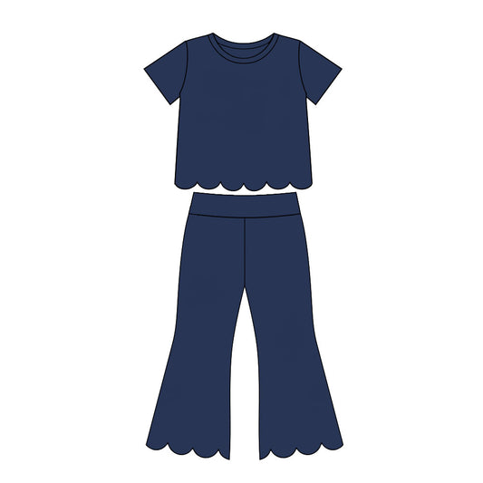 Baby Girls Navy Short Sleeve Shirts Top Flare Pant Scallop Clothes Sets Preorder