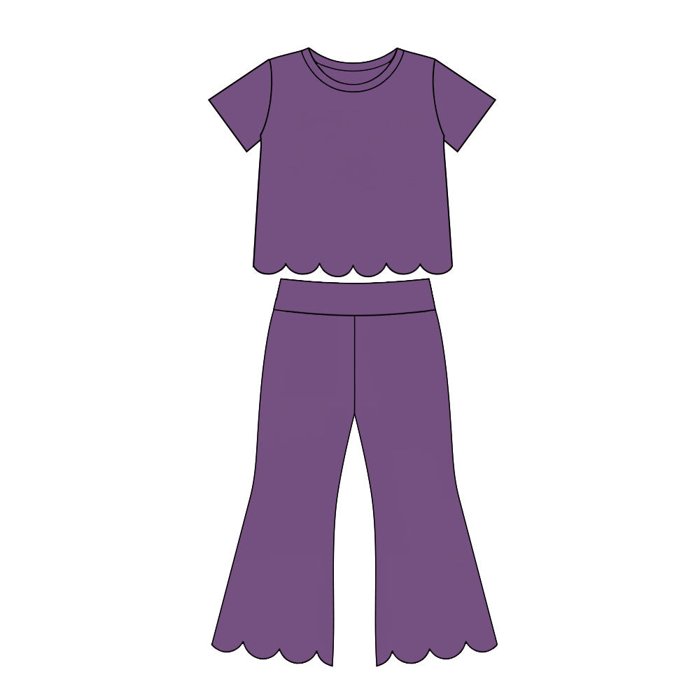 Preorder moq 5 Baby Girls Purple Short Sleeve Shirts Top Flare Pant Scallop Clothes Sets
