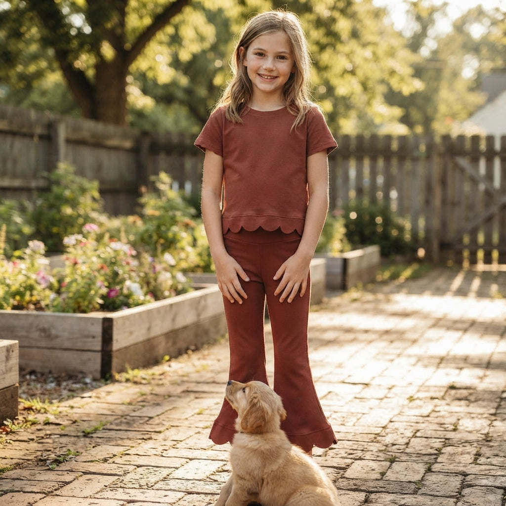 Baby Girls Brown Short Sleeve Shirts Top Flare Pant Scallop Clothes Set