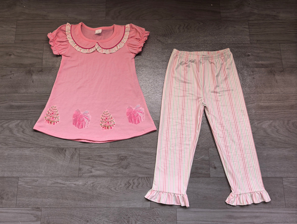 Embroidery Gifts Trees Baby Girls Tunic Stripe Ruffle Pant Christmas Sets Preorder
