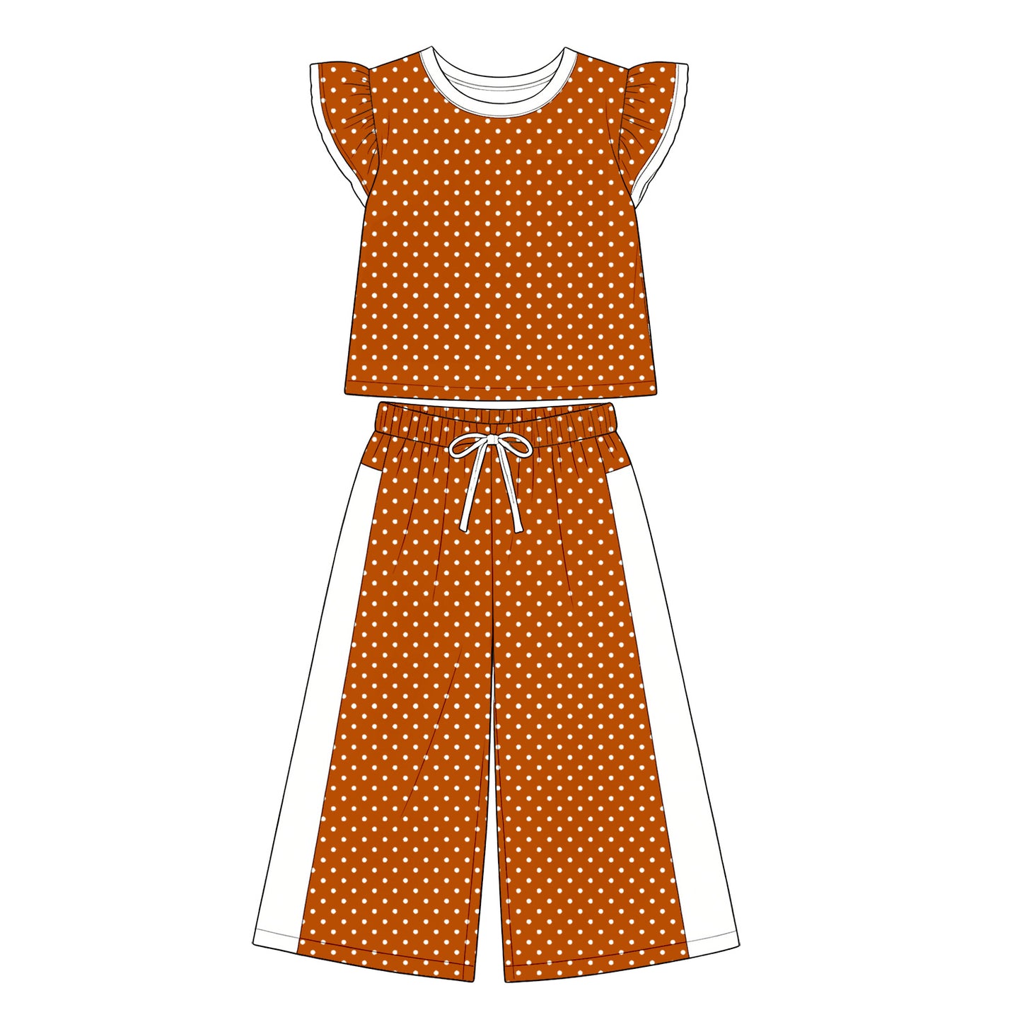 Preorder moq 5 Baby Girls Flutter Sleeve Orange Polka Dots Top Flare Pant Clothes Set