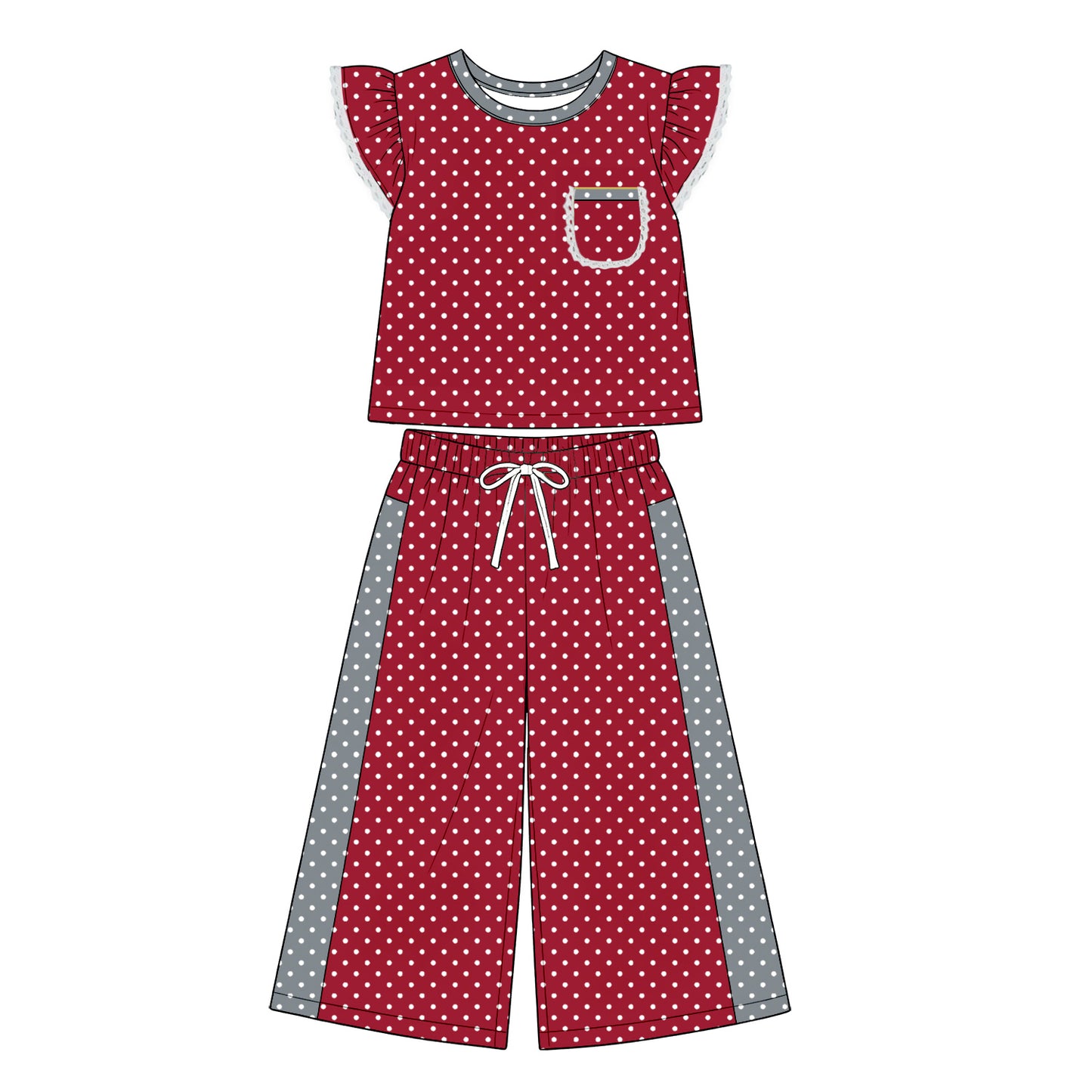 Preorder moq 5 Baby Girls Red Grey Polka Dots Pocket Top Flare Pant Clothes Set