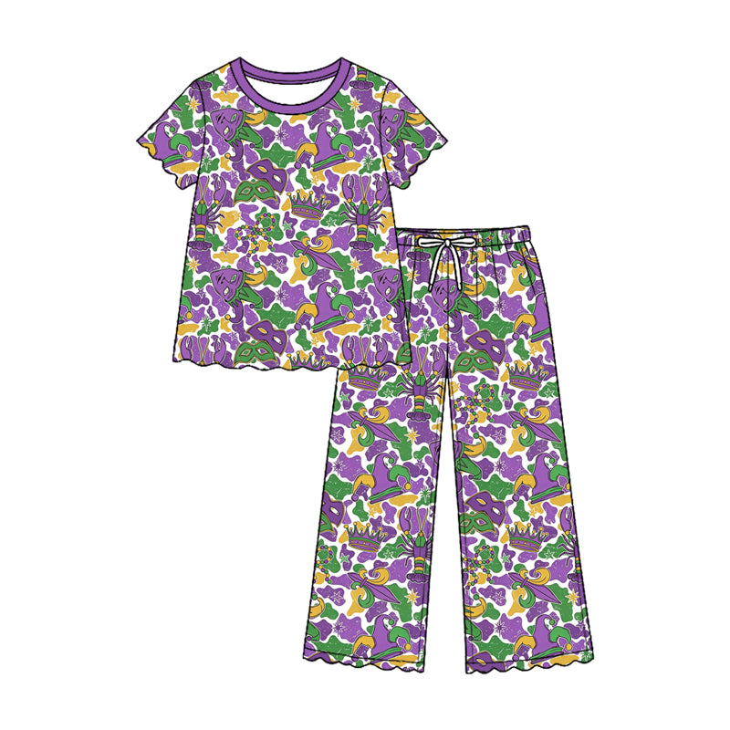 Preorder moq 5 Baby Girls Short Sleeve Anchors Camo Top Pant Mardigras Scallop Clothes Set