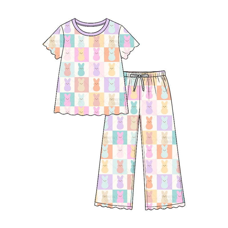Preorder moq 5 Baby Girls Short Sleeve Colorful Rabbits Top Pant Easter Scallop Clothes Set