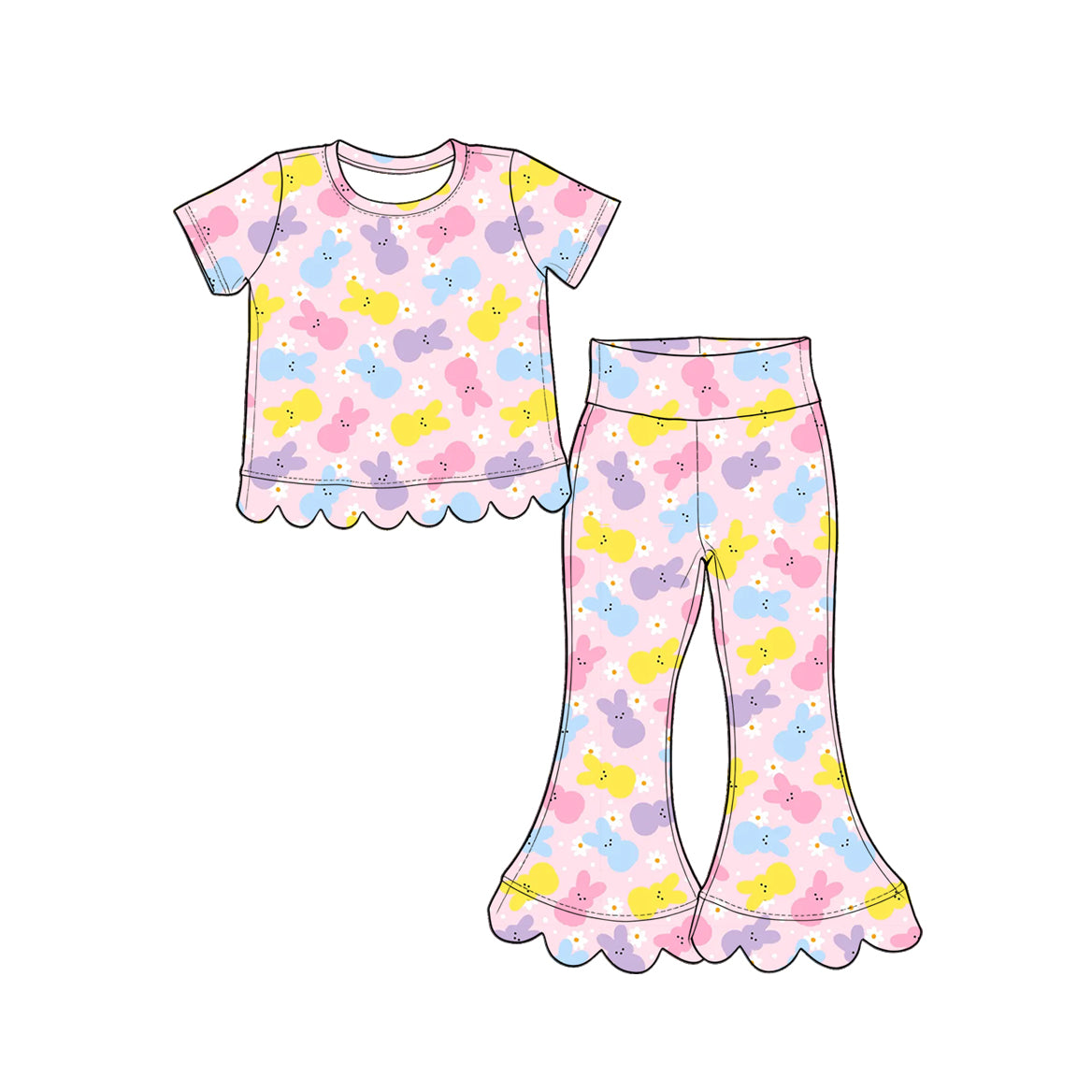 Preorder moq 5 Baby Girls Flower Rabbits Top Bell Bottom Pant Easter Scallop Clothes Set