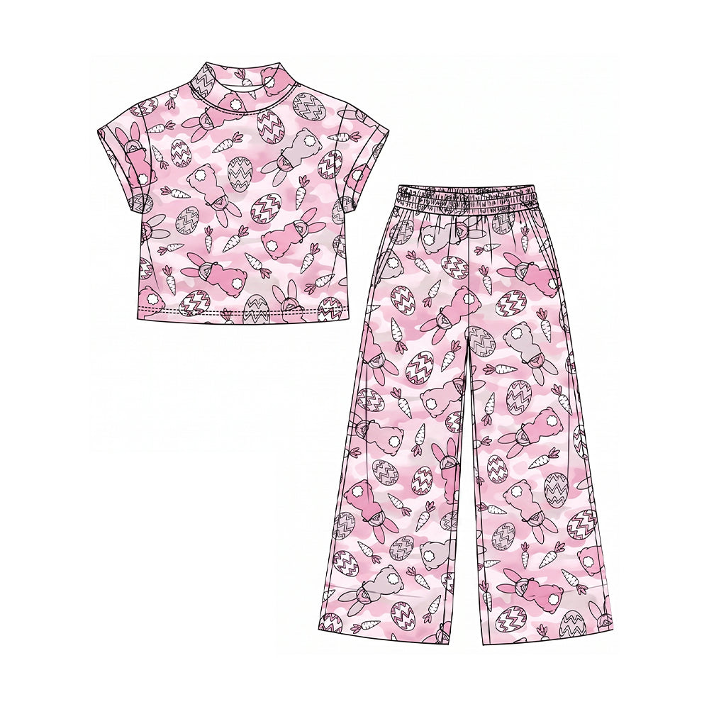 Preorder moq 5 Baby Girls Pink Camo Rabbits Eggs Choker Top Pockets Flare Pant Easter Set