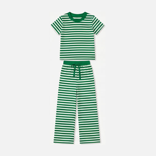 Baby Girls Short Sleeve Green Stripe Top Straight Pant Pajamas Clothes Set Preorder
