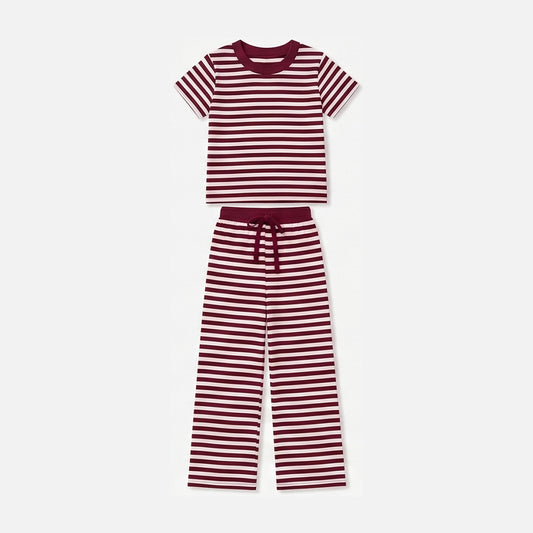 Baby Girls Short Sleeve Maroon Stripe Top Straight Pant Pajamas Clothes Set Preorder