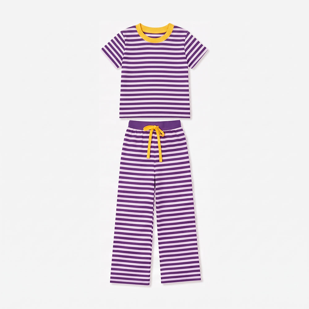 Baby Girls Short Sleeve Purple Stripe Top Straight Pant Pajamas Clothes Set Preorder