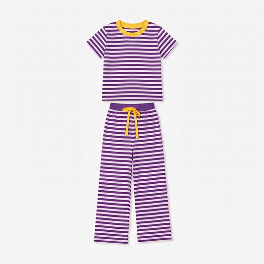 Baby Girls Short Sleeve Purple Stripe Top Straight Pant Pajamas Clothes Set Preorder