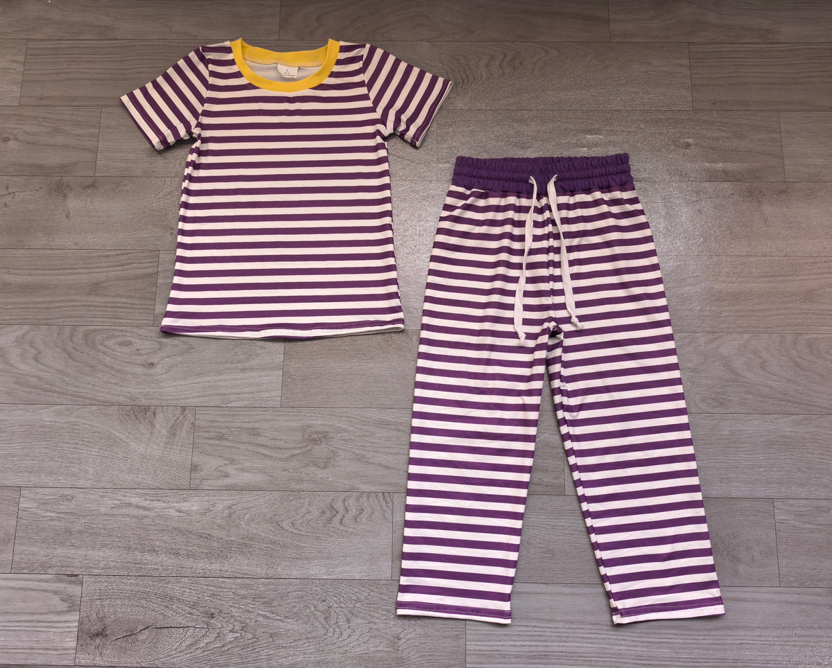Baby Girls Yellow Purple Stripe Top Flare Pant Mardigras Pajamas Clothes Set