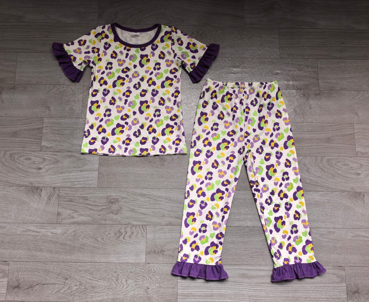 Baby Girls Short Sleeve Mardigras Leopard Top Ruffle Pant Pajamas Set