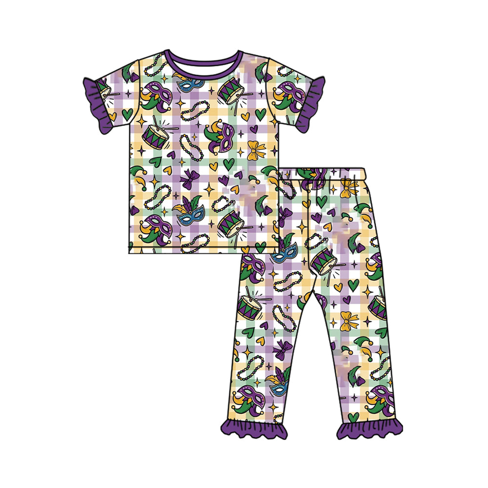 Baby Girls Masks Hearts Checked Top Ruffle Pant Mardigras Pajamas Set Preorder