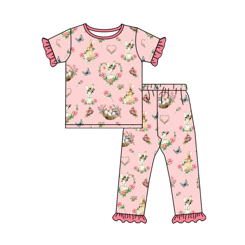 Preorder moq 5 Baby Girls Flowers Rabbits Short Sleeve Top Ruffle Short Easter Pajamas Set