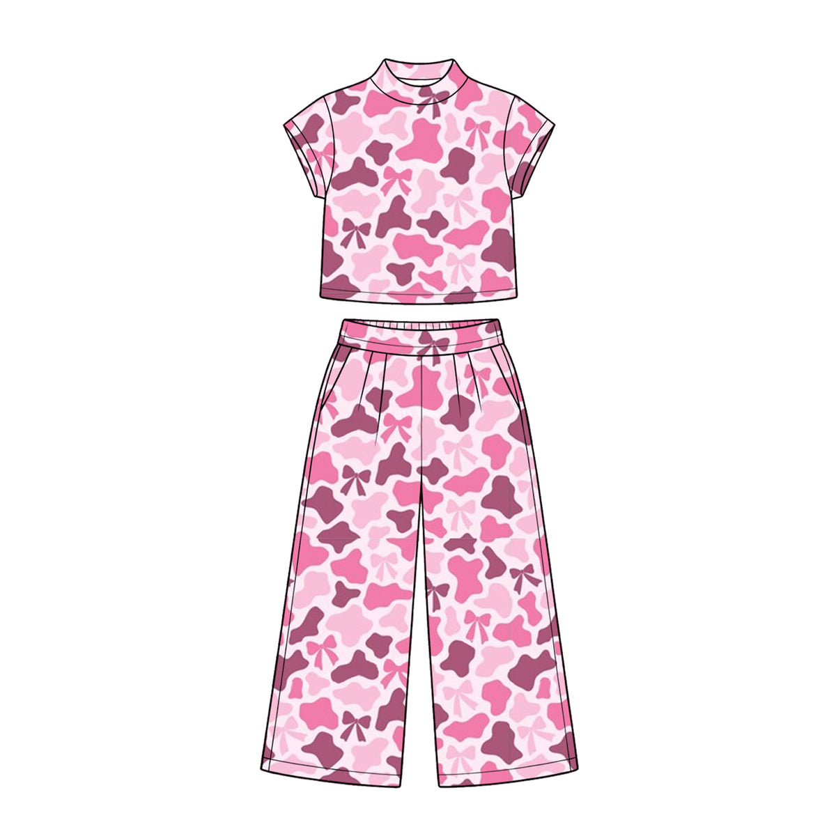 Preorder moq 5 Baby Girls Short Sleeve Pink Bows Camo Choker Top Pockets Flare Pant Sets
