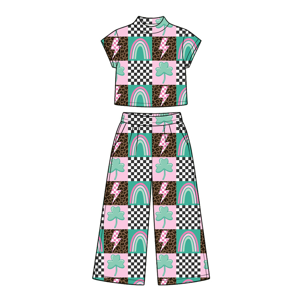 Preorder moq 5 Baby Girls Clovers Lightnings Choker Top Pockets Flare Pant St Patrick Sets