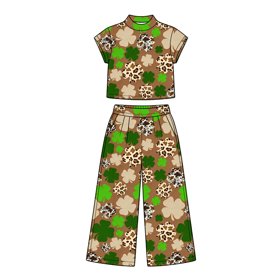 Preorder moq 5 Baby Girls Cow Print Clovers Choker Top Pockets Flare Pant St Patrick Sets