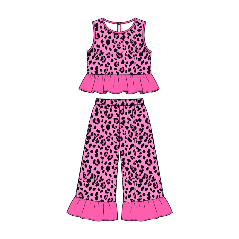 Preorder moq 5 Baby Girls Black Pink Leopard Sleeveless Tunic Ruffle Pant Clothes Set