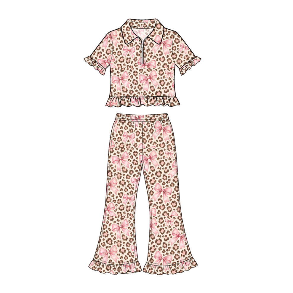 Preorder moq 5 Baby Girls Light Pink Leopard Bows Zip Pullovers Ruffle Flare Pant Clothes Set