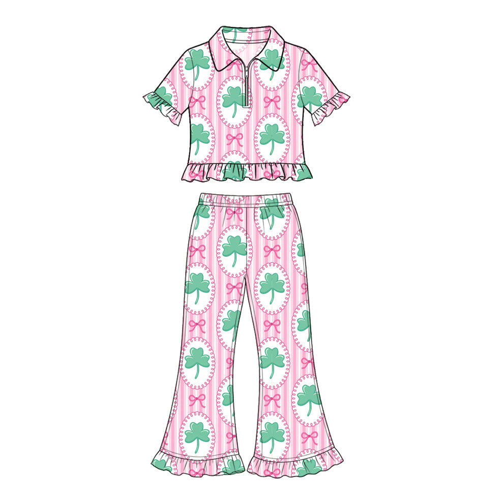 Preorder moq 5 Baby Girls Bows Clovers Zip Pullovers Ruffle Flare Pant St Patrick Clothes Set