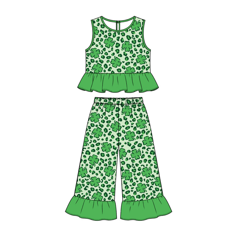 Preorder moq 5 Baby Girls Green Leopard Clovers Tunic Ruffle Pant St Patrick Clothes Set