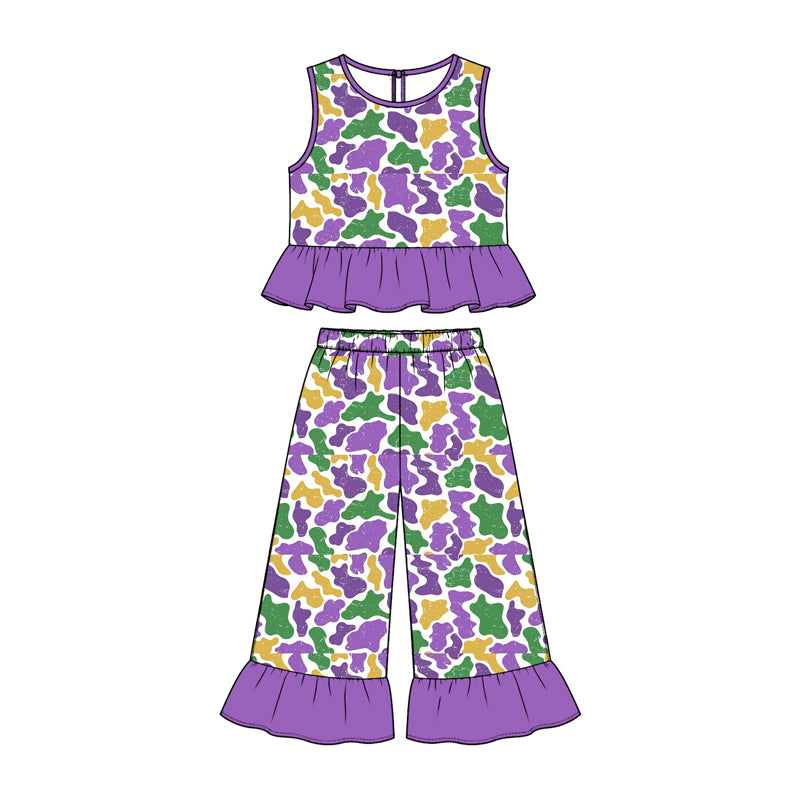 Preorder moq 5 Baby Girls Sleeveless Mardigras Camo Tunic Ruffle Pant Clothes Set