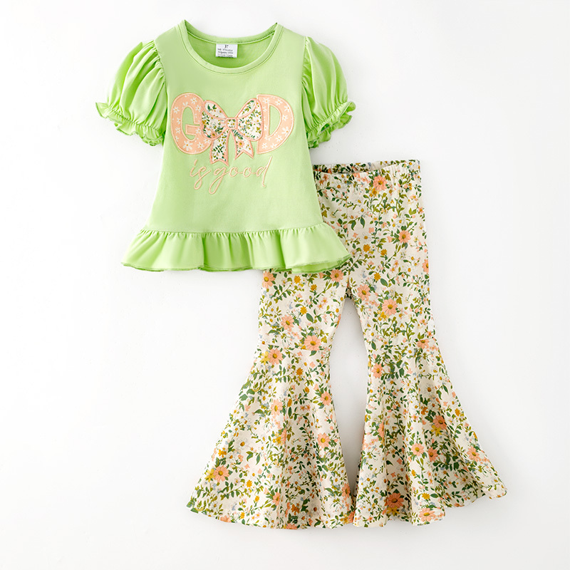 Preorder moq 5 Baby Girls Flowers God Bows Tunic Bell Bottom Pant Clothes Set