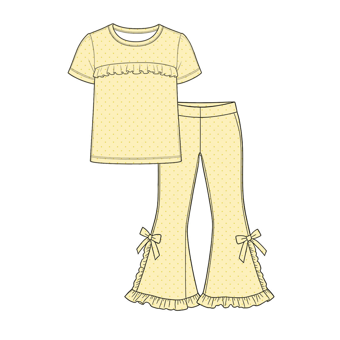 Preorder moq 5 Baby Girls Yellow Short Sleeve Polka Dots Top Ruffle Flare Pant Clothes Set