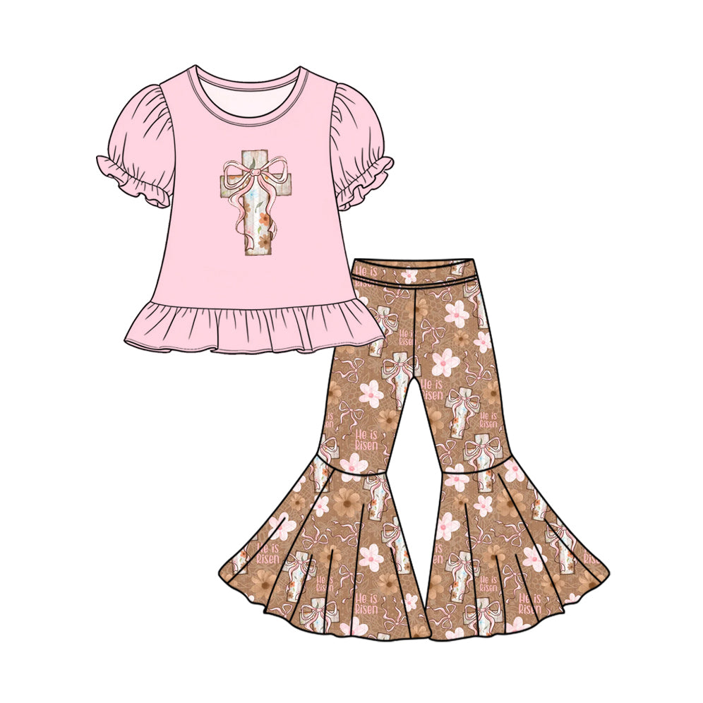 Preorder moq 5 Baby Girls Pink Bow Cross Flowers Tunic Bell Bottom Pant Easter Clothes Set