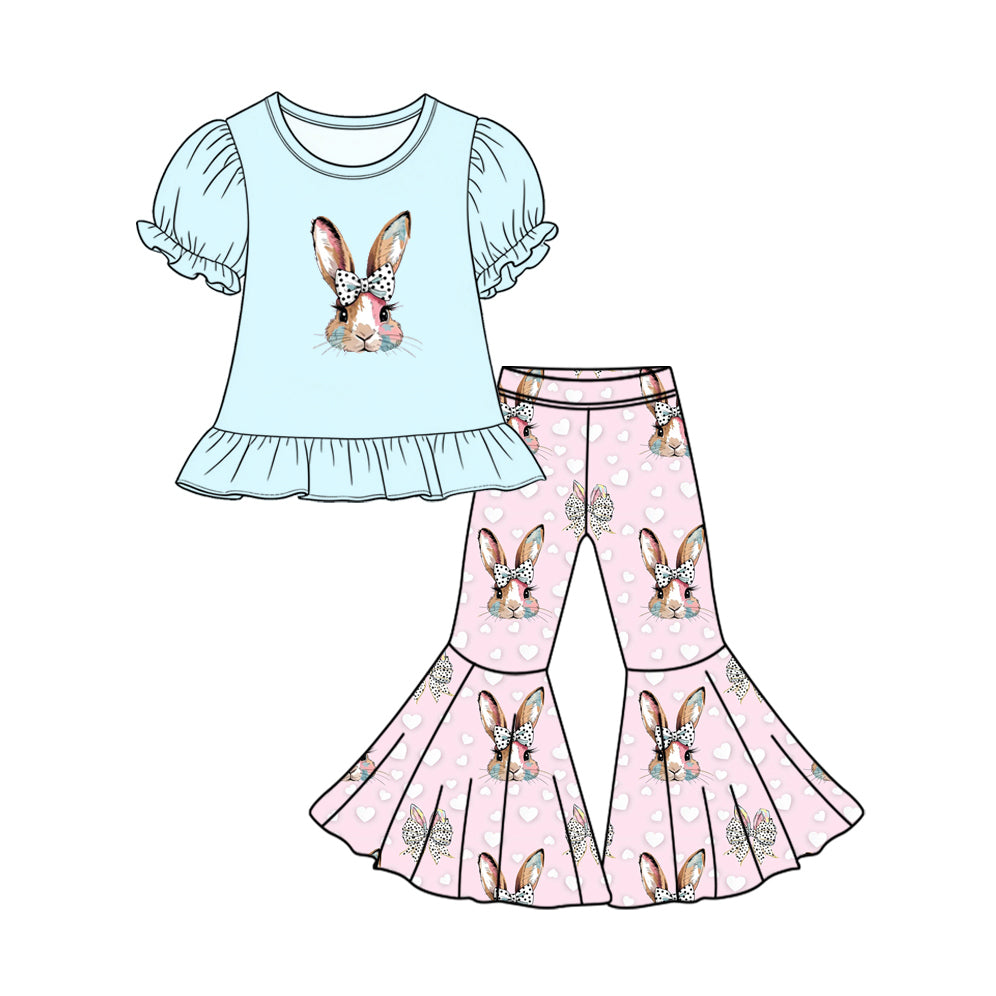 Preorder moq 5 Baby Girls Bows Rabbits Tunic Bell Bottom Pant Easter Clothes Set