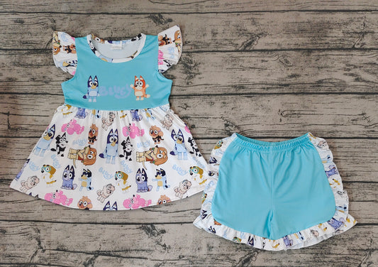 Baby Girls Blue Dog Flutter Sleeve Tunic Top Ruffle Shorts Clothes Sets