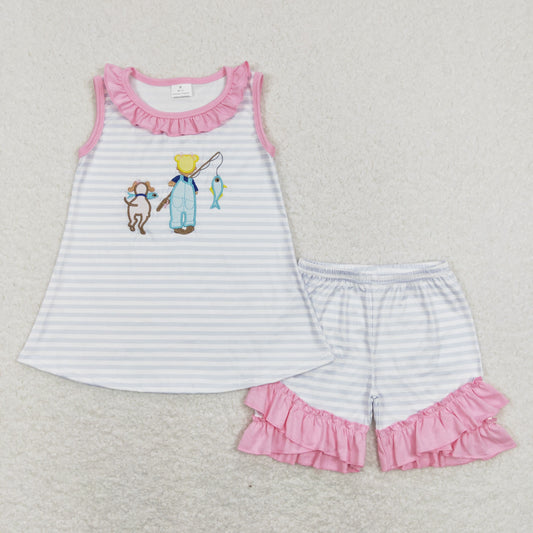 Sibling Baby Kids Embroidery Fishing Stripe Tunic Ruffle Shorts Hunting Clothes Set Rompers