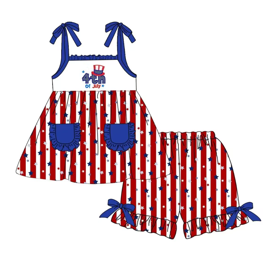 Baby Girls 4th Of July Pockets Tunic Tops Ruffle Shorts Clothes Sets Preorder