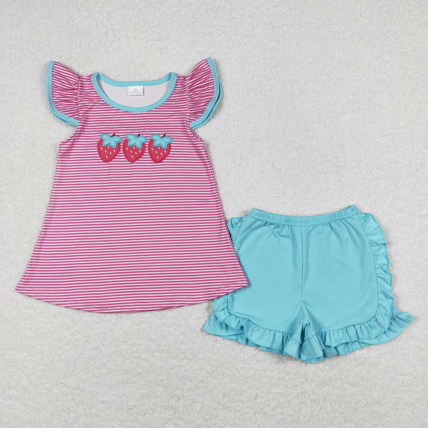 Sibling Baby Girls Flutter Sleeve Embroidery Strawberry Tunic Top Ruffle Shorts Clothes Set
